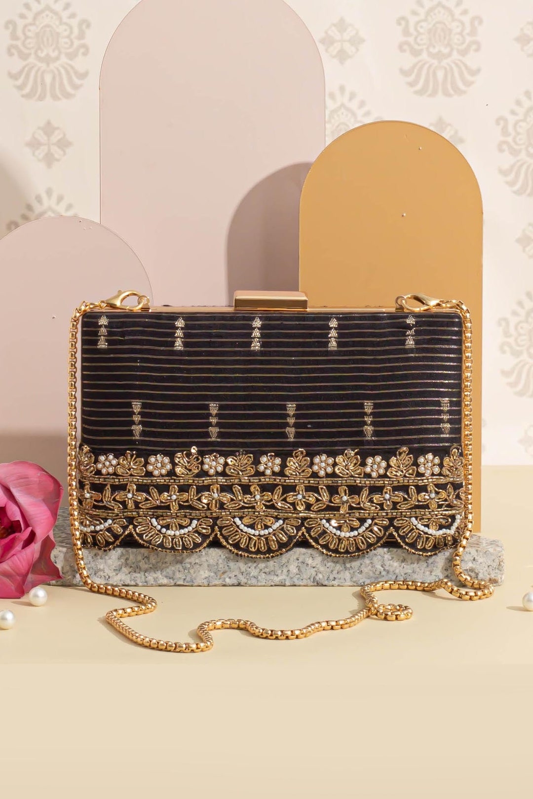Tari Silk Box Clutch Black Silk Gold Embroidered Lace Wedding Gift Evening Bag Luxurious Indian Handcrafted Clutch for Her Bridal Etsy