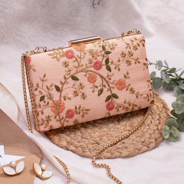 Floral Creeper Braut Box Clutch - Peach, Designer Clutch Geldbörse für Frauen, Geburtstagsgeschenk, Diwali Kollektionen