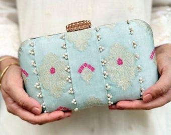Nihari Pearl Embellished Silk Clutch - Aqua Blue, Evening Bag, Bridal Accessory