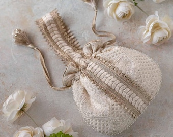 Mughal Potli - Off White Georgette Bag, Wedding Accessory, Bridal Clutch