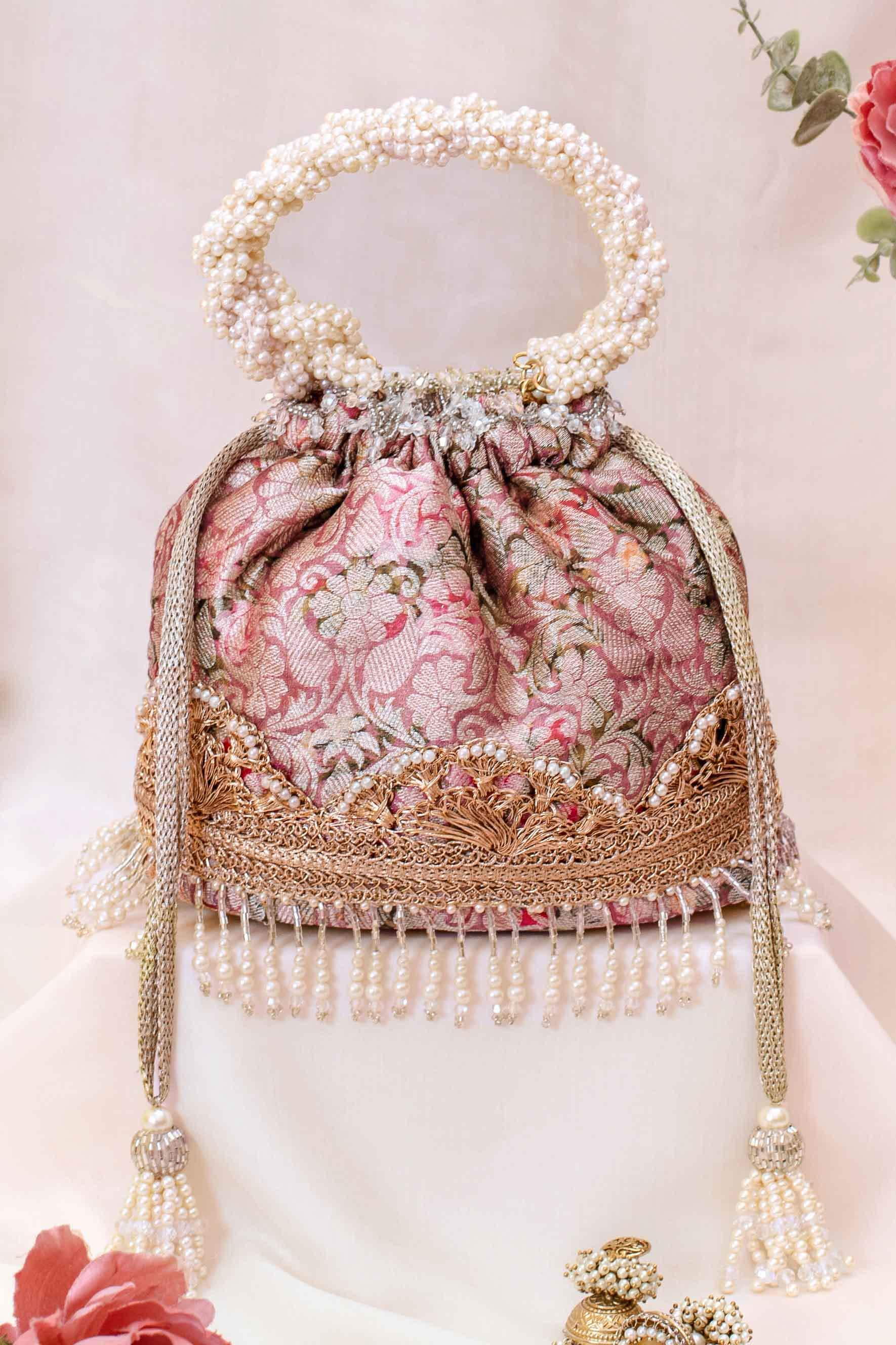 Elora Pink Potli- Floral organza, brocade, pearl handle, bag for women