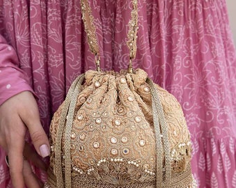 Monroe Beige Bridal Bucket Bag, Embroidered festive bags, bridal purse, Diwali party bags