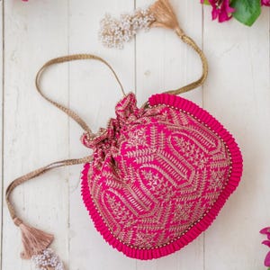 Leela Pink Heritage Potli, Embroidered Silk Clutch, Ethnic Bridal, Wedding Favor
