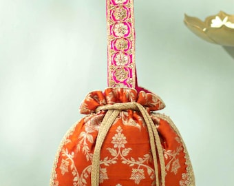 Taroob Pure Raw Silk Embellished Potli - Rust Orange, indian bag, designer wear potli , Diwali gifts, festive wear