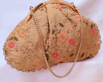 Floral Creeper Vintage Purse - Gold Embroidered Clutch, Wedding Bag, Evening Bag
