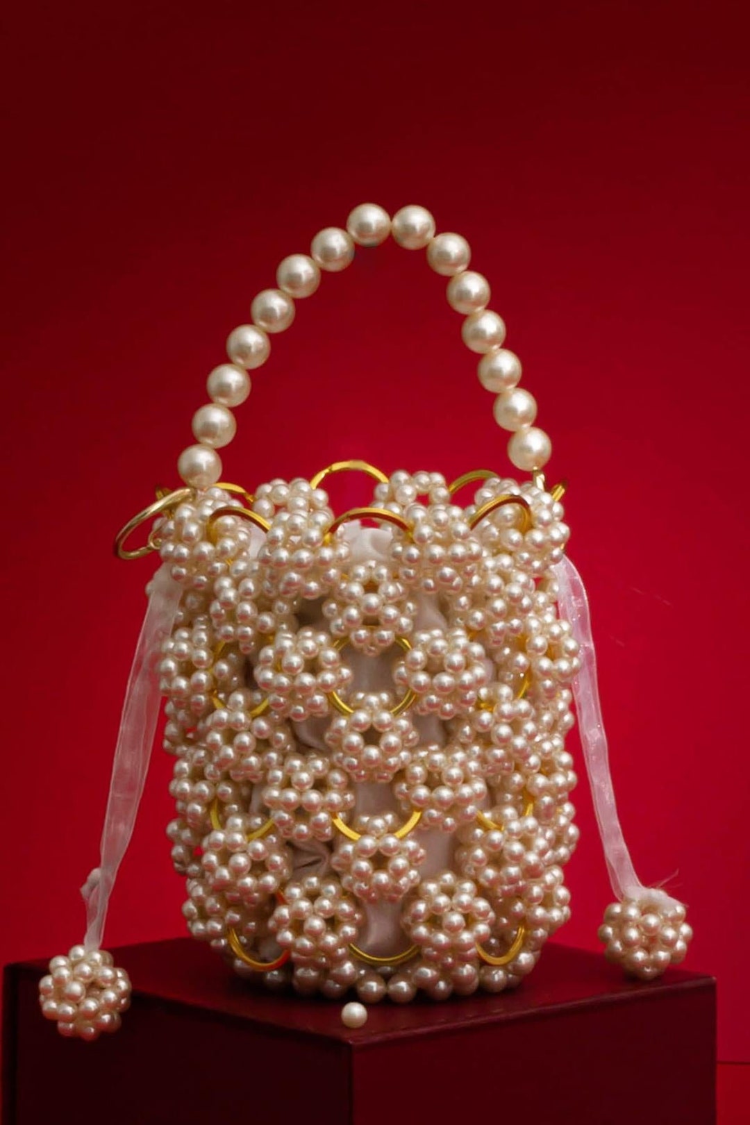 White Pearl Embellished Bucket Bag main image 0