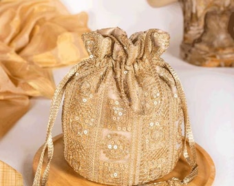 Bella Gold Potli bag-gold, embroidered net bag, Indian bag, wedding bag, Diwali gift