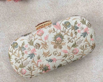 Eden Capsule Clutch- off white, floral, embroidered silk bag evening clutch bag, gift for bride, Diwali gifting