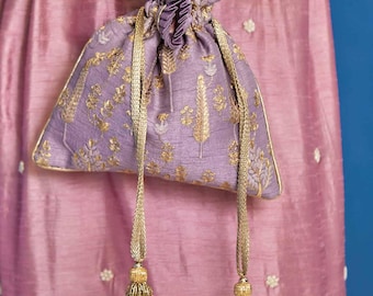 Arbre Silk Embroidered Potli bag - wisteria, anniversary gifts for her, bridal bag, party purse, potli bag, lavender bag