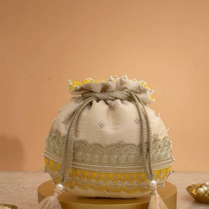Vibha Embroidered Potli Mint Yellow - Festive Potli, Birthday Gift, Silk Clutch