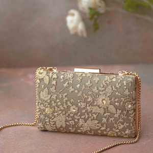 Grey embroidered box clutch