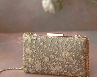 Grey embroidered box clutch, Embroidered silk designer bag, floral, classy, party wear, Diwali gifts