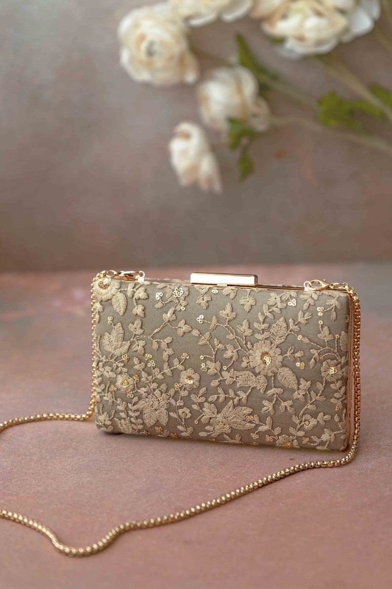 Grey embroidered box clutch