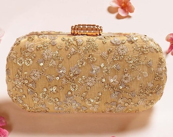 Elan Gold Capsule Clutch - Embroidered Potli, Bridal Evening Bag, Wedding Gift