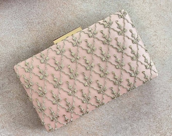 Anya Box Clutch - Blush and light gold, handcrafted clutch bag for women, Diwali gifting