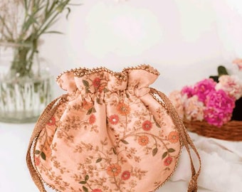 Peach Floral Creeper Potli, Handcrafted Ethnic Clutch for Weddings