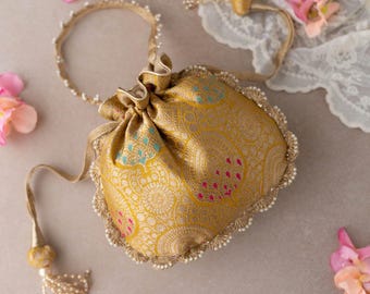 Kashi Pure Banarasi Silk Bridal Potli - Mustard, Diwali Gifts, Wedding Accessory