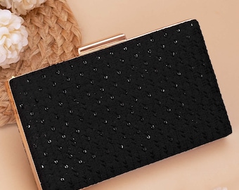 Noir Black Bridal Clutch - Evening Bag, Embroidered Purse, Festive Clutch
