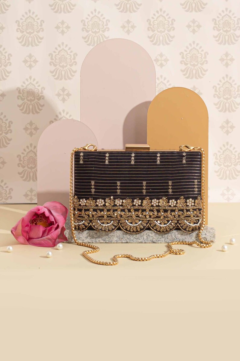 Tari silk box clutch Black, silk , gold embroidered lace, wedding gift