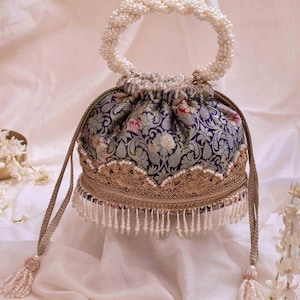 Elora Navy Potli- floral, brocade, pearl handle bag, diwali gifts, wedding bag