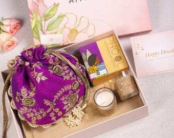Diwali Hamper Purple Scallop Potli - Festive Gift Set, Candle, Incense, Gift for Mom