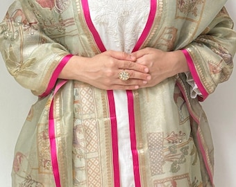 Mithila Embroidered Dupatta - folk art motifs, tissue wrap, mint shawl