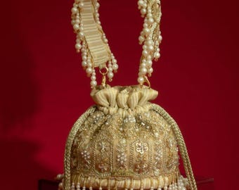 Sajni Pearl Embroidered Mini Potli - Gold Silk, Bridal Purse, Festive Gift