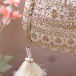 Resham Bridal Potli Bag Off White - Silk Potli, Zari Embroidered, Wedding Accessory image 7