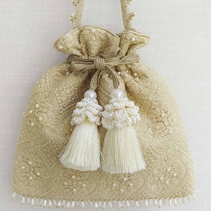 Oyster Beige Pearl Embroidered Silk Potli bag