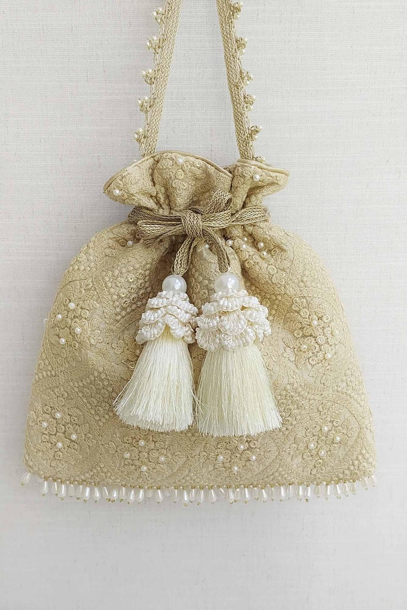 Oyster Beige Pearl Embroidered Silk Potli bag