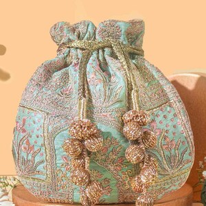 Amer Turquoise Potli – Floral Embroidered Silk Drawstring Bag, Wedding Gift