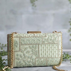 Mosaic Luxe Embroidered Clutch - Green, Christmas gift, pastel clutch, Diwali gifts