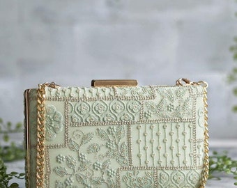 Mosaic Luxe Embroidered Clutch - Green, Christmas gift, pastel clutch, Diwali gifts