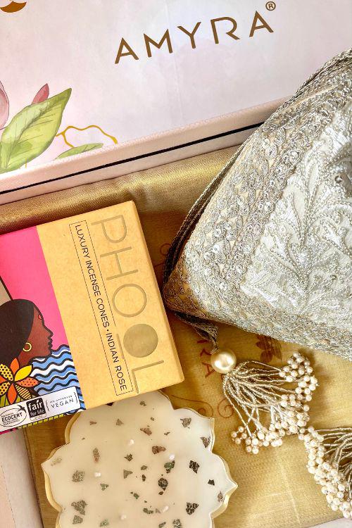 Cadeaumand - Inaya potli - Aroma & Urli-doos, diwalicadeau, Indiase feestelijke diwali-cadeauset, cadeau voor haar,