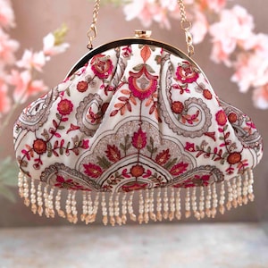 Bolso vintage Rumi: blanco roto, bordado, flecos de perlas, regalo de boda y aniversario para ella, bolsos festivos de Diwali, bolso de boda