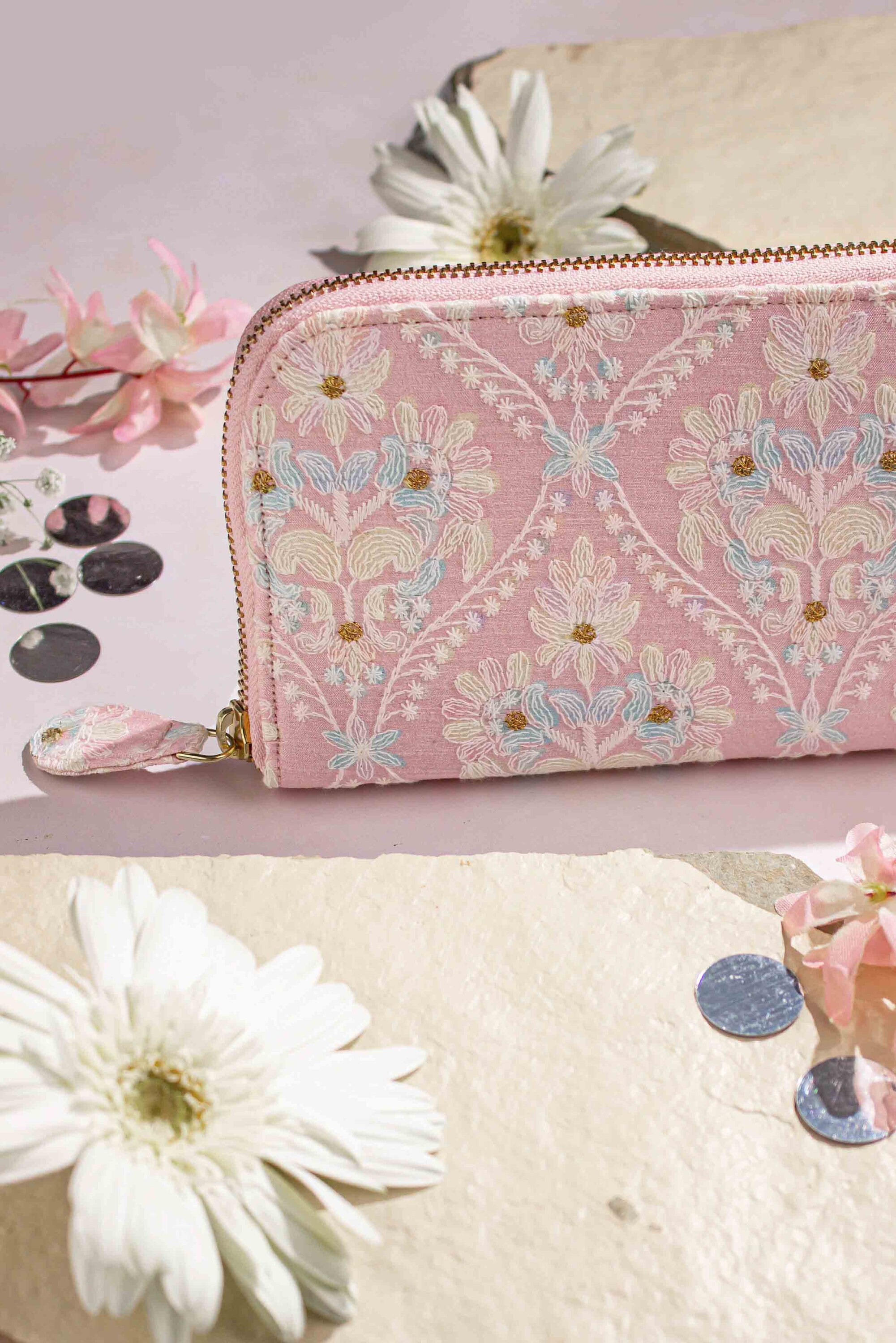 Anaqat Silk Embroidered Wallet Baby Pink Floral Purse Wallet Women Floral Wallet Date Bag Gifts for Her Cardholder Wallet