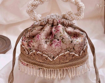 Elora Old Rose Potli- floral, brocade, pearl handle bag, Diwali collection, wedding bags