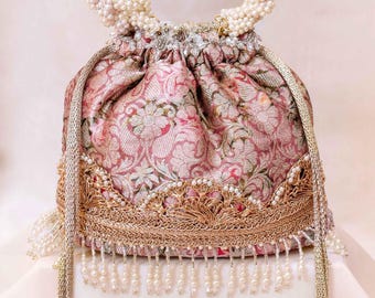 Elora Pink Potli - Floral Organza Brocade, Pearl Handle, Bridesmaid Gift