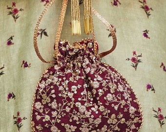 Elan Maroon Silk Bridal Potli bag With Metal Sling, Designer and evening bags for women, Diwali party bags