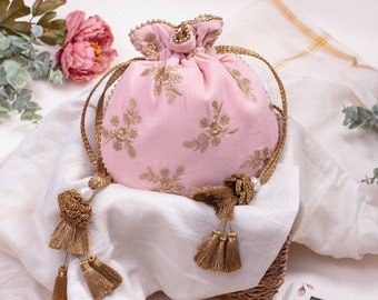 Baby pink velvet embroidered potli