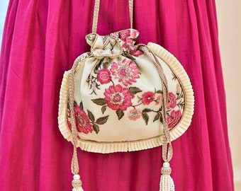 Candy crush cream bridal wedding potli bag, gift for her anniversary, wedding, birthday, Diwali party bags