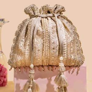 Naaz Potli - Gold Silk Bag, Zari Pearl Embroidered Bridal Purse, Diwali Gift