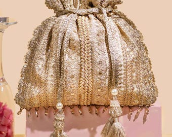 Naaz Potli - Gold Silk Bag, Zari Pearl Embroidered Bridal Purse, Diwali Gift