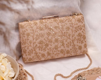 Beige Sequin Embroidered Potli, Box Clutch Purse, Bridal Handbag, Bridesmaid Gift Bag