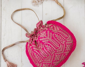 Leela heritage potli - pink, handcrafted ethnic handbag for women, wedding and anniversary gifts for her, Diwali festive bags