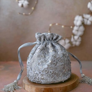 Bella silber Brauttasche Potli Tasche, Designertasche und Brautdusche Taschen, Diwali-Geschenk