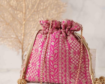 Mirai Embroidered Potli - Pink Silk Bag, Wedding Gift