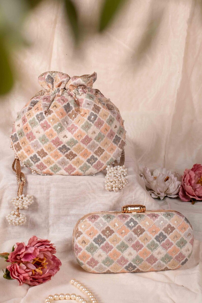 Aza Pastel Potli - Potli bordado, Potli nupcial, regalo de bodas imagen 8
