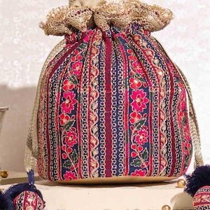 Zuri potli - azul marino, floral, bordado, bolso georgette, bolso indio, bolso de boda, bolso Diwali
