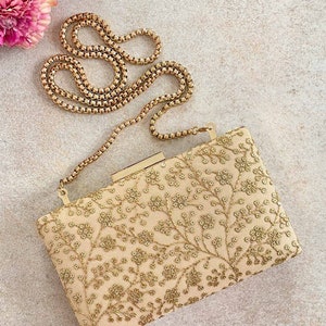 Beige sequin embroidered box clutch